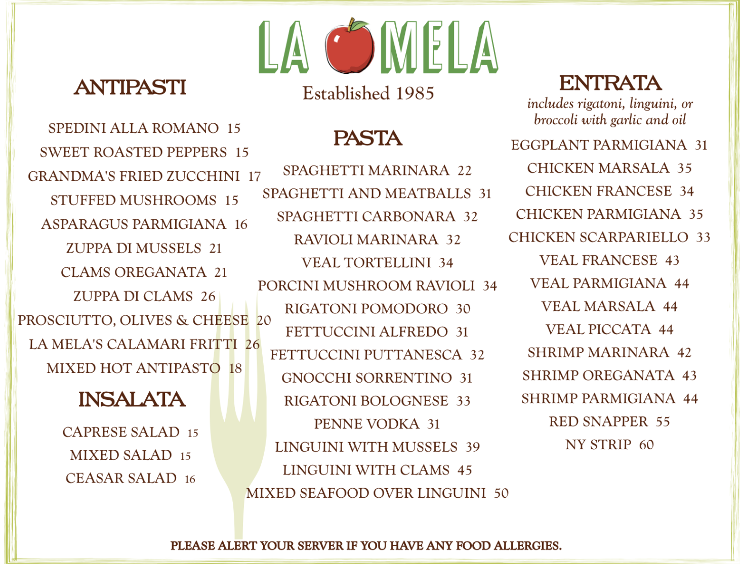 la mela dinner menu